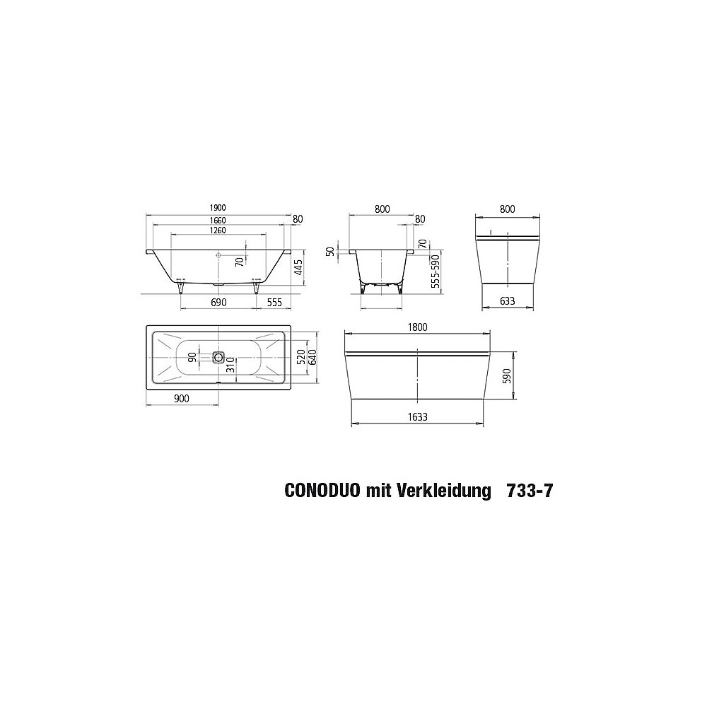 Kaldewei Stahl Einbauwanne CONODUO 733-7 180x80x43 cm weiß PeEf m. Verkleidung