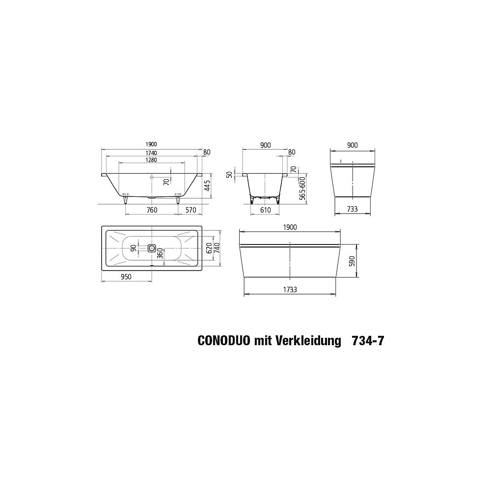 Kaldewei Stahl Einbauwanne CONODUO Nr. 734-7 190x90x43 cm weiß mit Verkl.