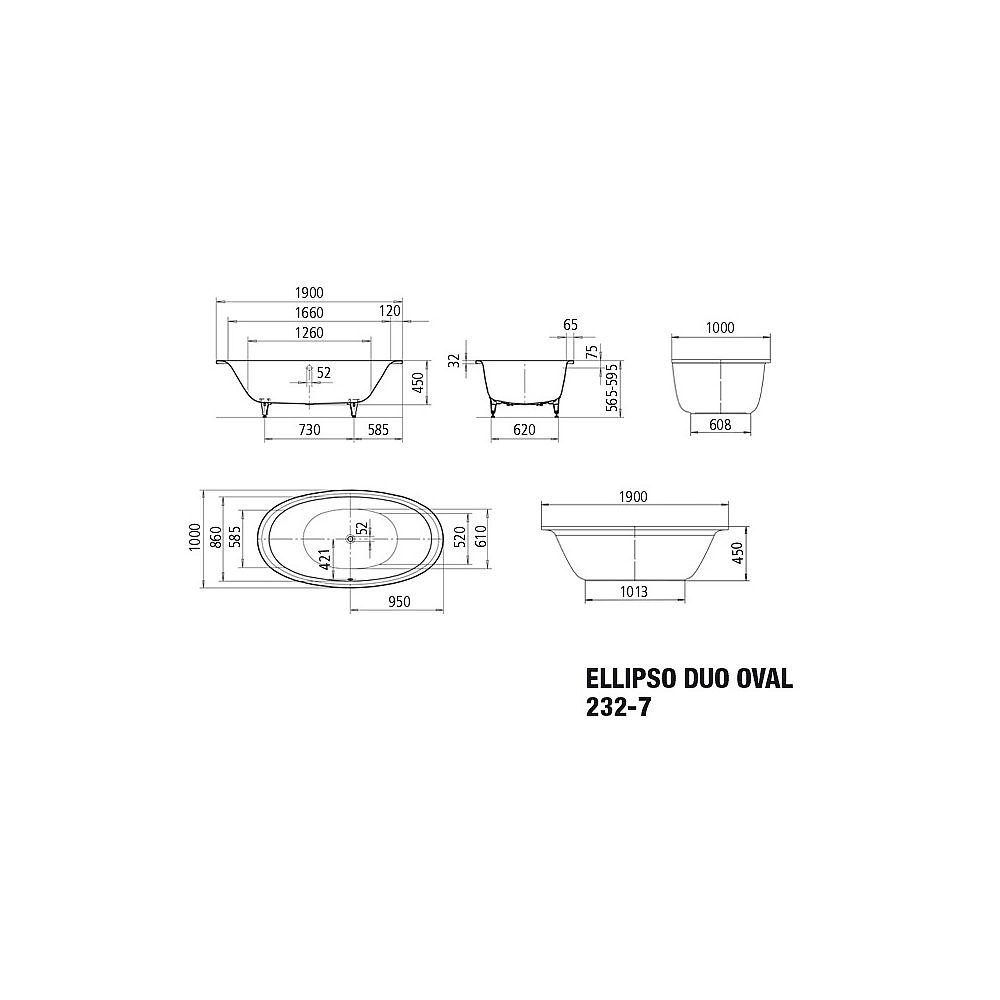Kaldewei Stahl EB-Wanne ELLIPSO DUO OVAL Nr. 232-7 190x100x45 cm weiß m. Verkl.